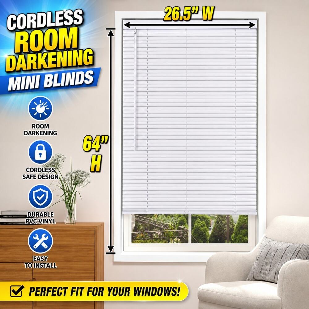 26.5 x 64" Cordless Window Blinds Mini Blinds 1" White Vinyl Blind LazBlinds
